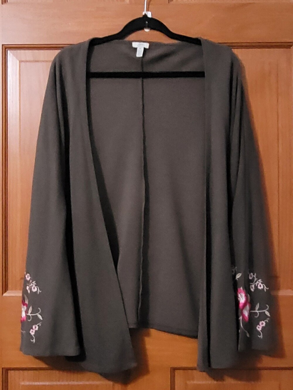 J Jill Open Front Cardigan Embroidered Bell Sleeves Womens M Forest Fairy